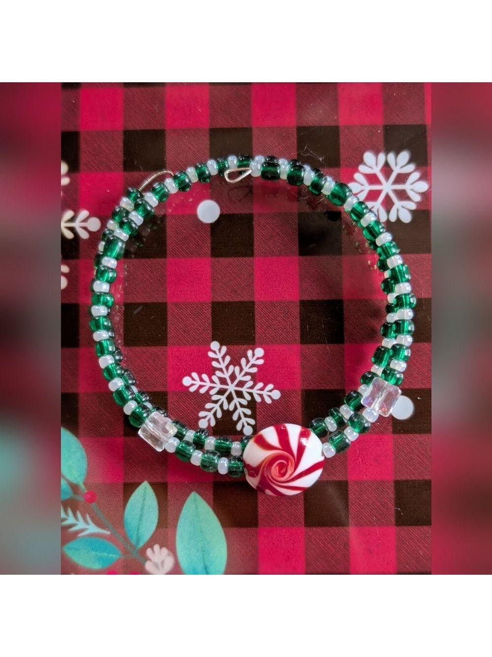 Christmas Green And White Memory Wire Bracelet